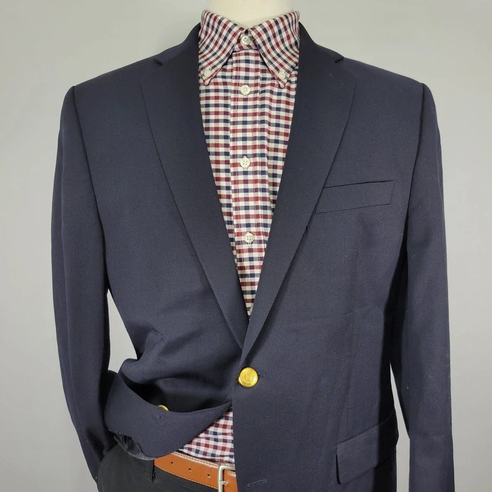 Chaps Men's Sport‎ Coat Blazer Two Golden Button Deep Navy Blue Twill Wool 42R